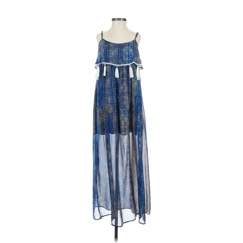 Lord & Taylor Blue Boho Tassel Maxi Dress Sz XS Fairy Ethereal Flowy Indie Hippy